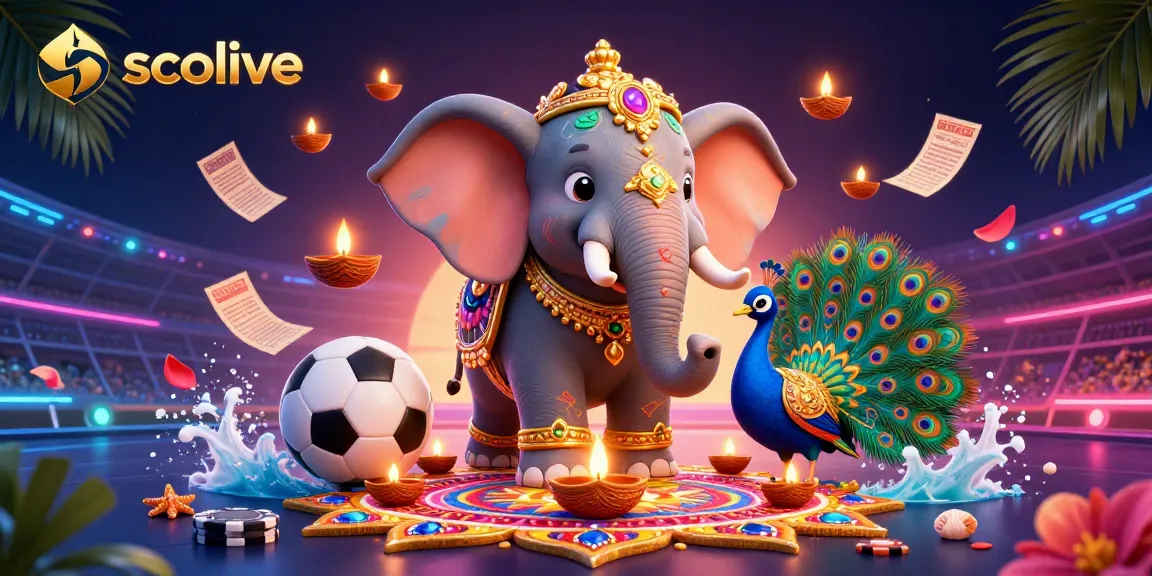 Socolive delivers high-quality sports betting action with lively illustrations of elephant and peacock, surrounded by dynamic gambling elements.