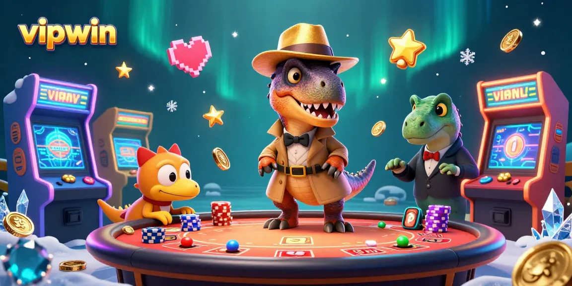 Engaging scene with a velociraptor card counter, stegosaurus pit boss, and compy pickpocket at vipwin's vibrant casino setting.