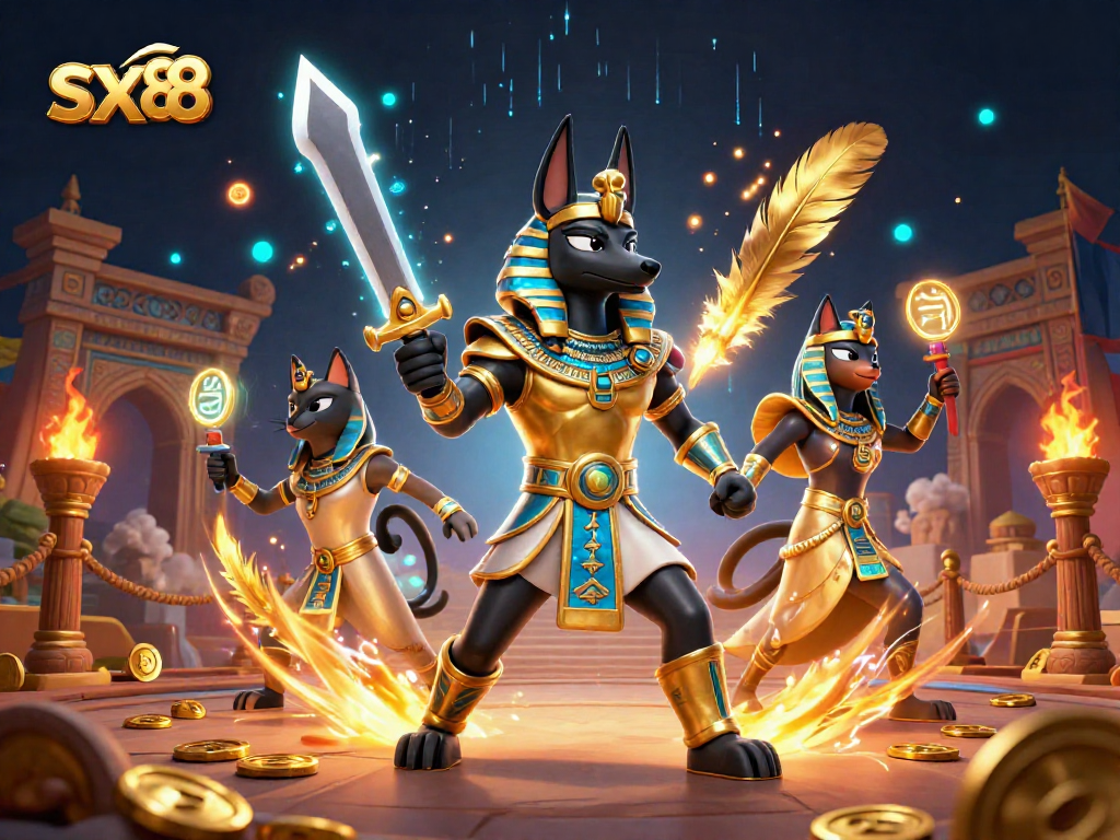 Engage with sx88's gaming thrill through a vibrant 3D scene featuring Anubis and Bastet.