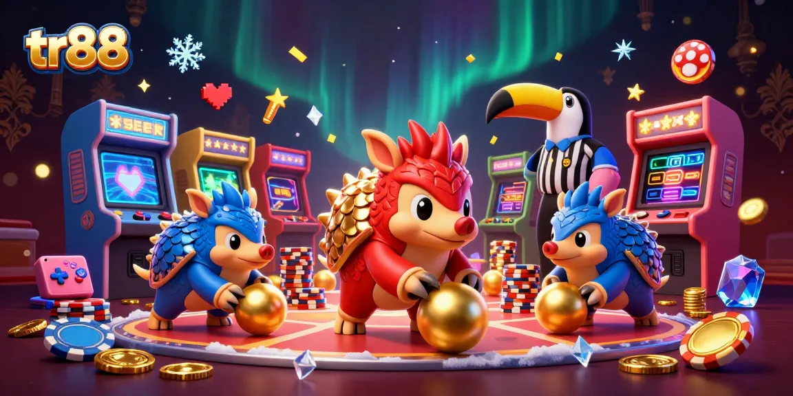 Experience exhilarating fun with tr88 as rival pangolins roll into golden balls amidst poker chips, enhancing the casino flair.