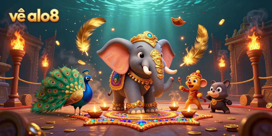 Engage with the vibrant scene of the casino world at về alo8 featuring a colorful Diwali elephant and gaming elements.