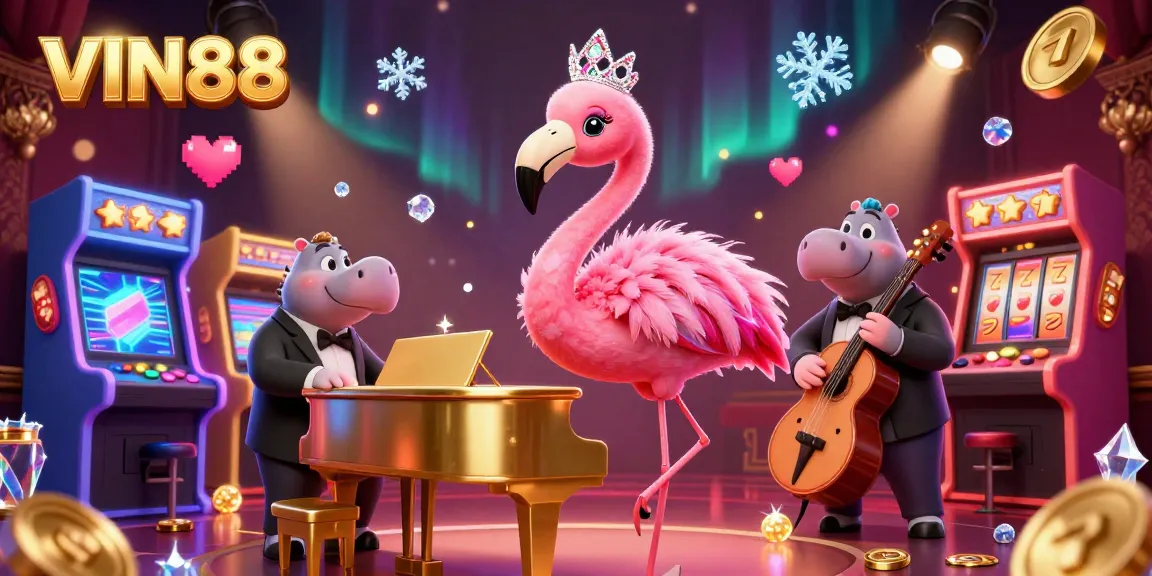 Experience the excitement of VIN88 Casino with a vibrant 3D illustration showcasing a flamingo singer and hippo bassist.