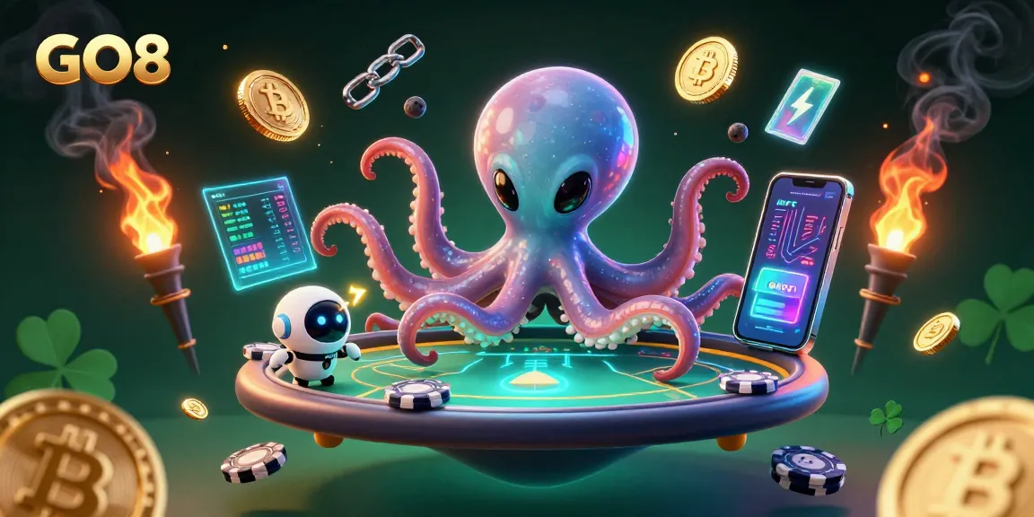 GO8 enhances poker excitement with a cosmic 3D alien octopus at a holographic table.