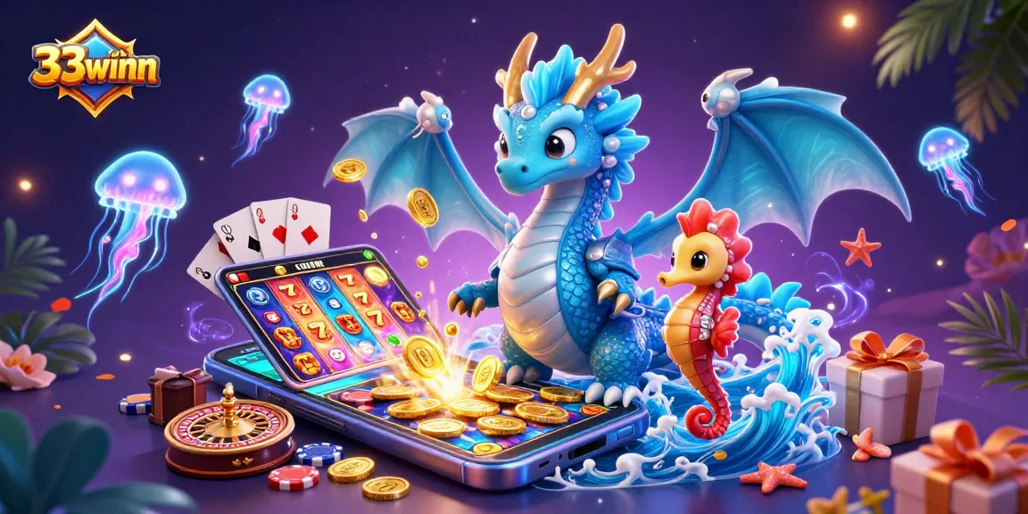 Experience dynamic gaming with 33winn's thrilling slot game features in vibrant 3D illustration.