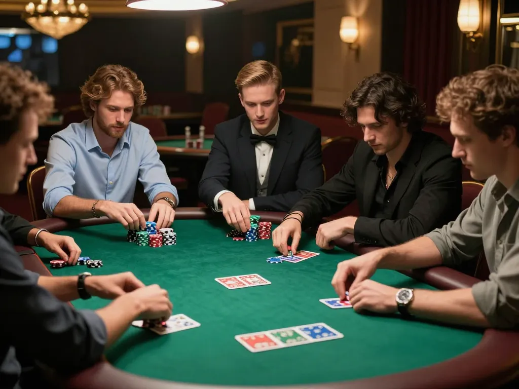 O8 hair strategy session at a poker table with focused players and vibrant chips.