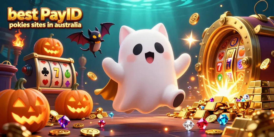 Choose the best PayID pokies sites in Australia featuring a friendly ghost cat and vibrant casino elements.