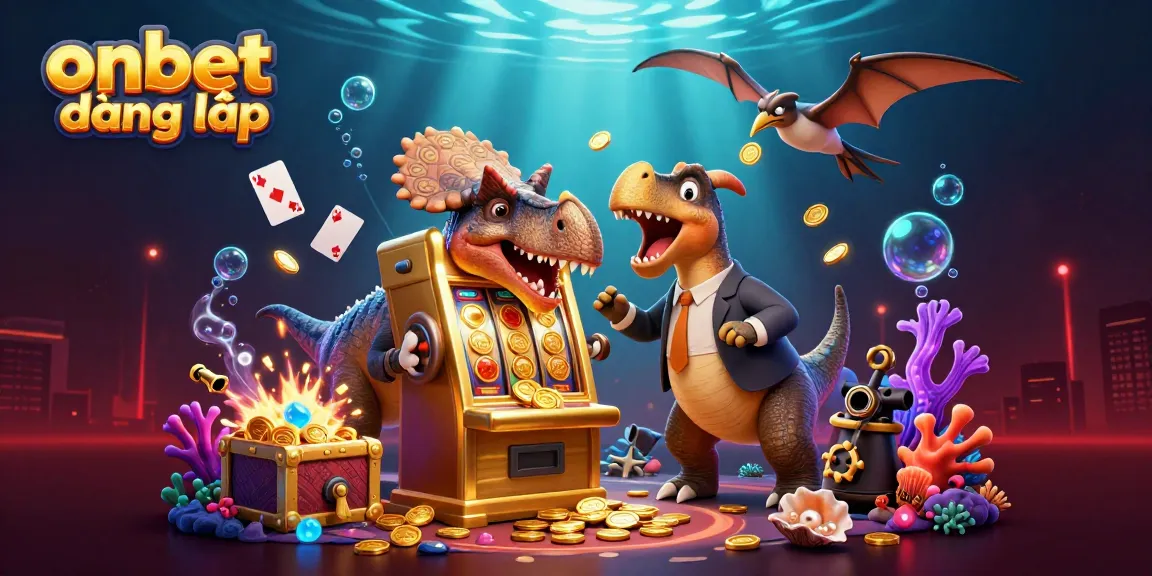 Experience the excitement of onbet đăng nhập as animated dinosaurs engage in a vibrant casino scene.