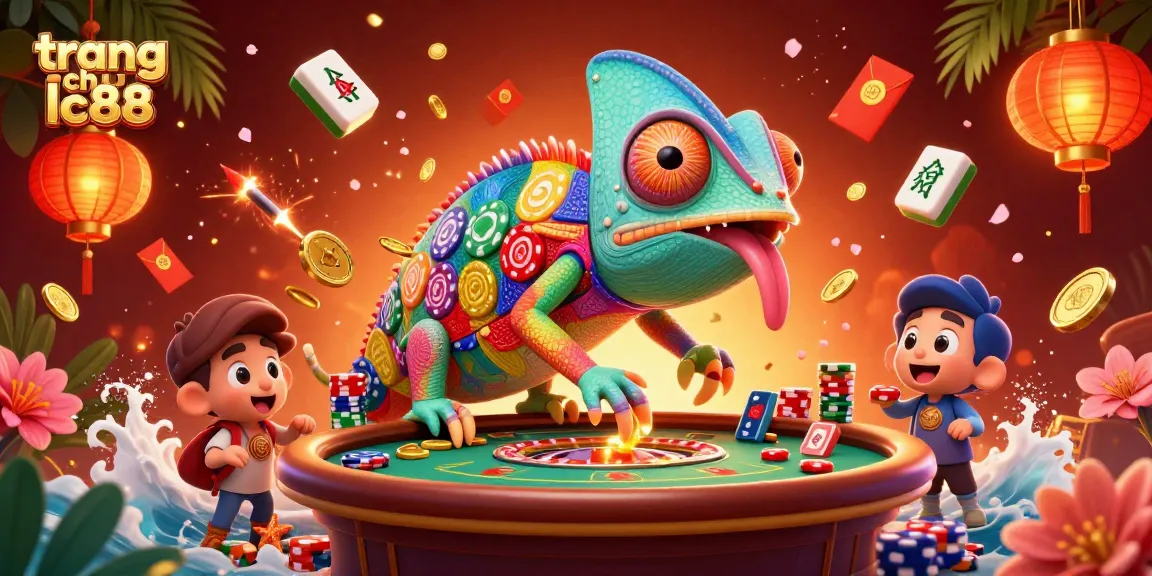Engage with the vibrant scene of trang chu lc88, featuring a dynamic chameleon casino owner, gold coins, and festive elements.