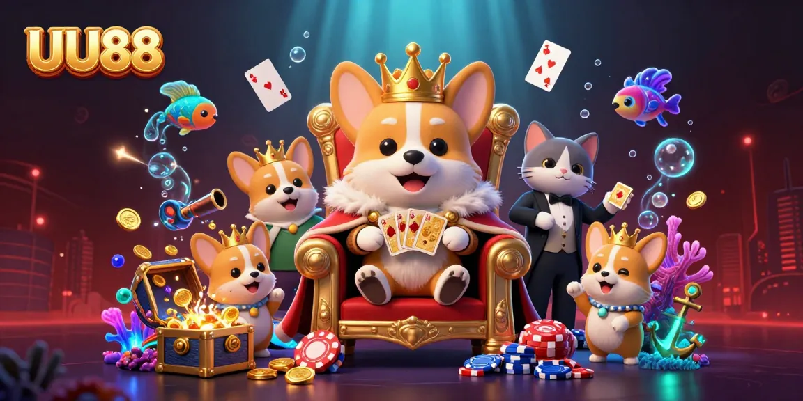 Engage in thrilling gameplay at UU88 with royal corgis and vibrant treasure chests.
