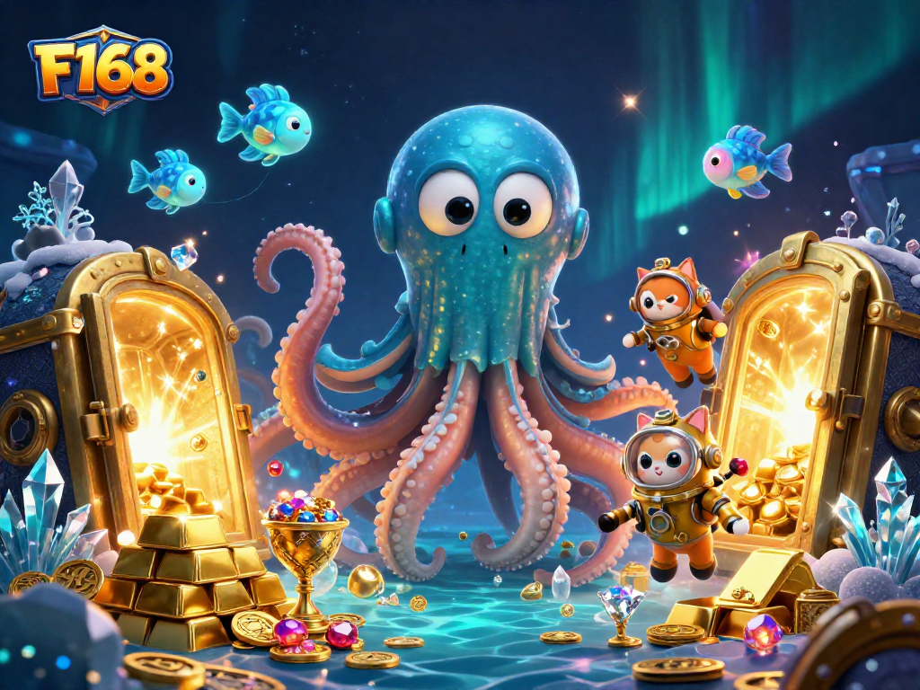 Win big with F168 as a kraken and diving cat dive into treasure-filled gaming excitement.