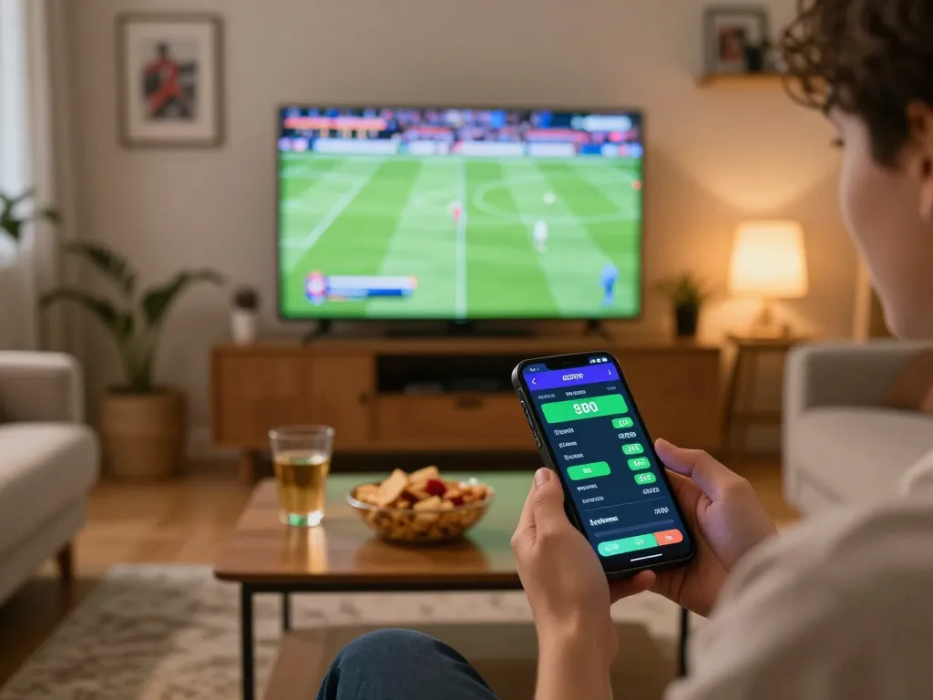 Betting on sports using MM88 app on smartphone, exciting live event in the background