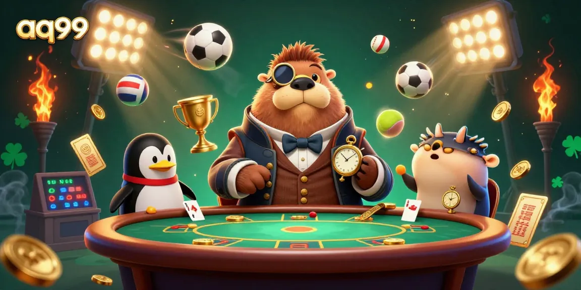 Play exciting games on aq999 with a 3D cartoon walrus hosting an underwater poker game.