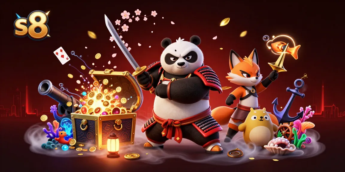 S8 reveals an exciting gambling world with a dynamic samurai panda and ninja fox in a stunning 3D casino setting.