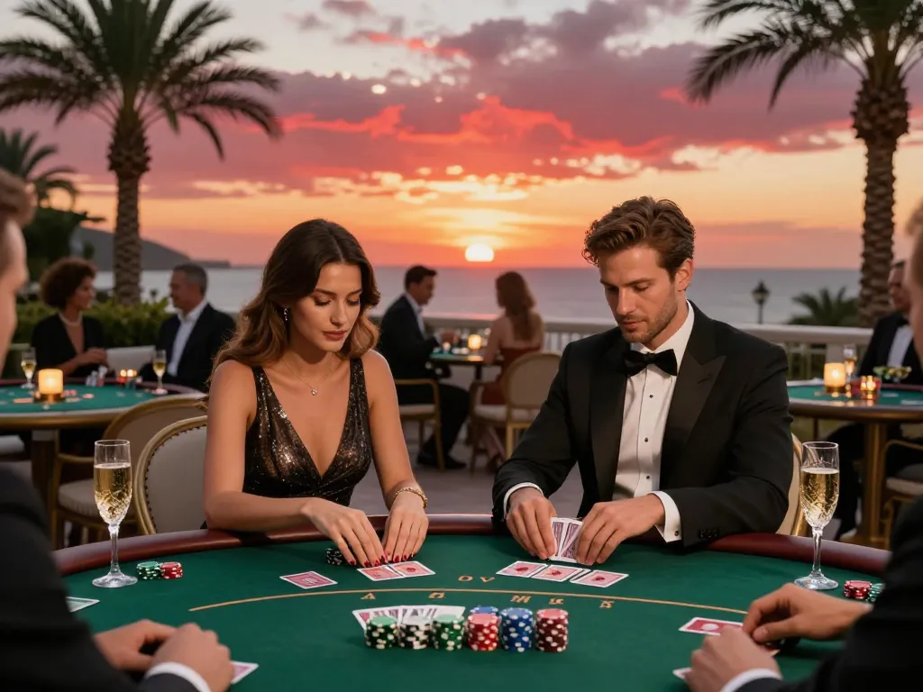 Taisunwin players engage in a captivating outdoor poker game on a sunset terrace, showcasing strategy and luxury.