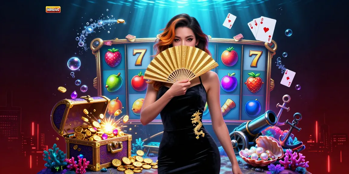 Engage with idnslot's thrilling slot reels and vibrant symbols in this captivating casino scene.