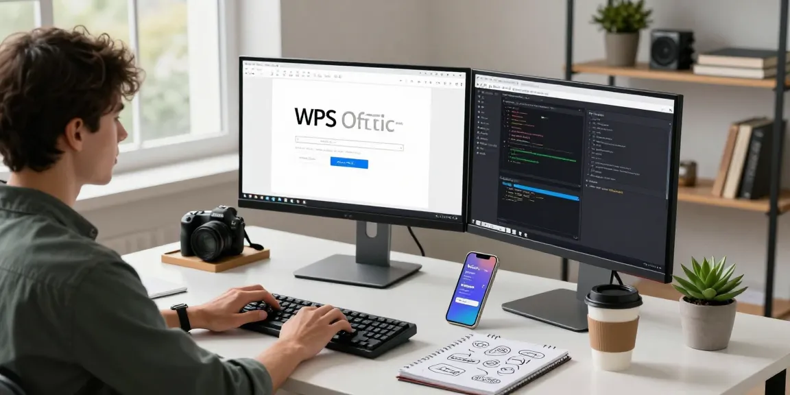 WPS Download workspace with a developer coding on dual monitors and coffee.