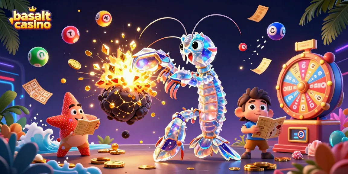 Scan exciting games at basaltcasino with our dynamic 3D illustration featuring a heroic mantis shrimp.