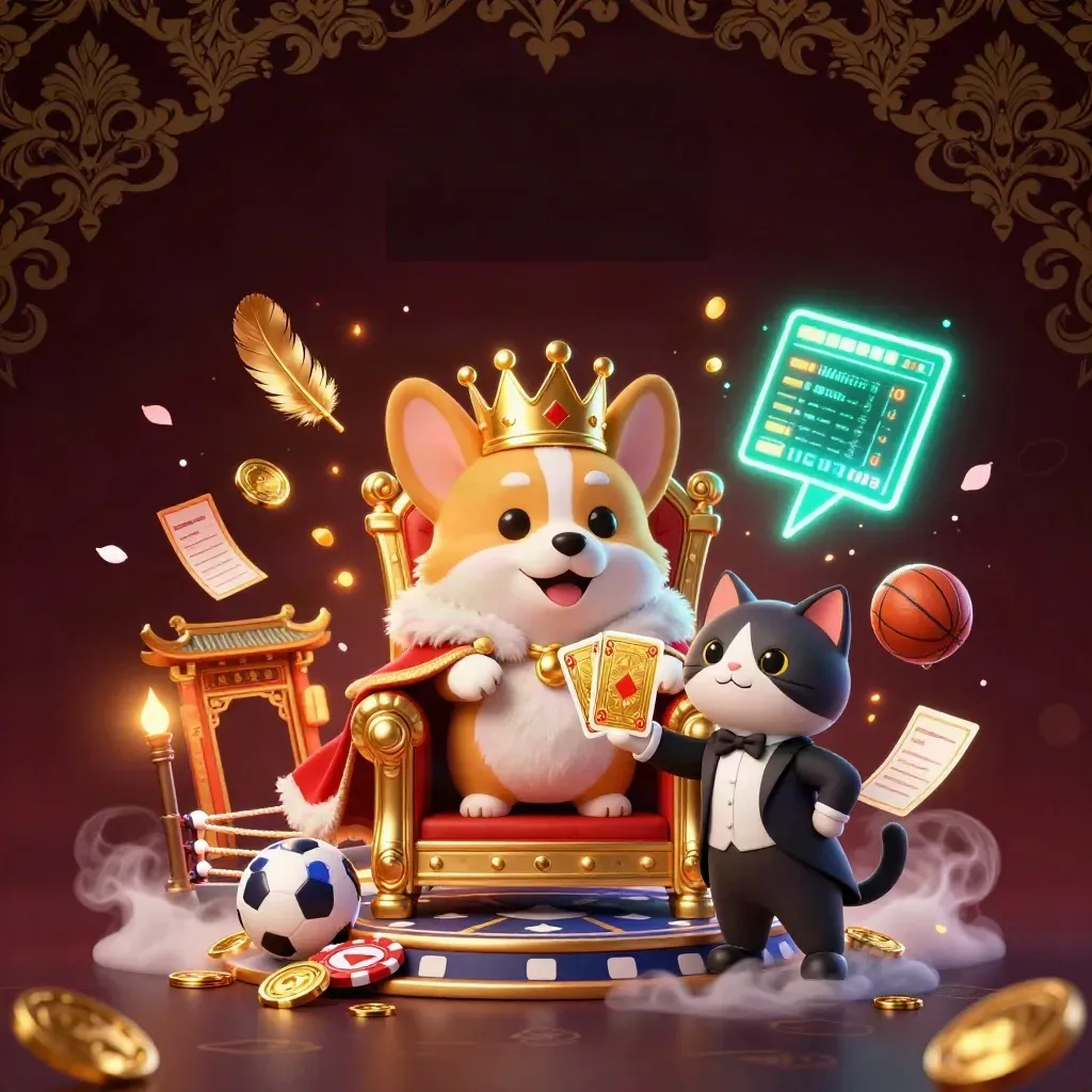 Crowned corgi and cat butler amid casino treasure, temple gate, and glowing sports props