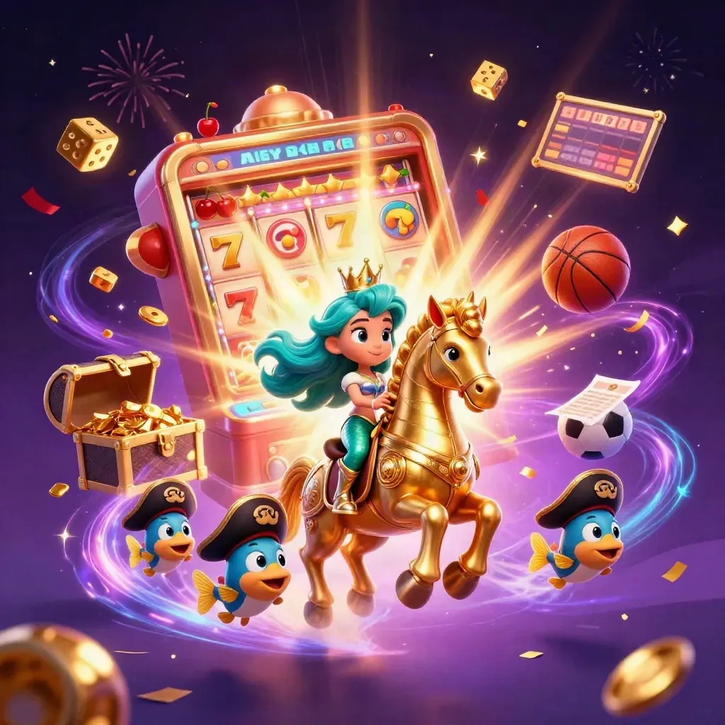 Mermaid princess on an armored seahorse amid slot bursts, gold, confetti, and casino glow.