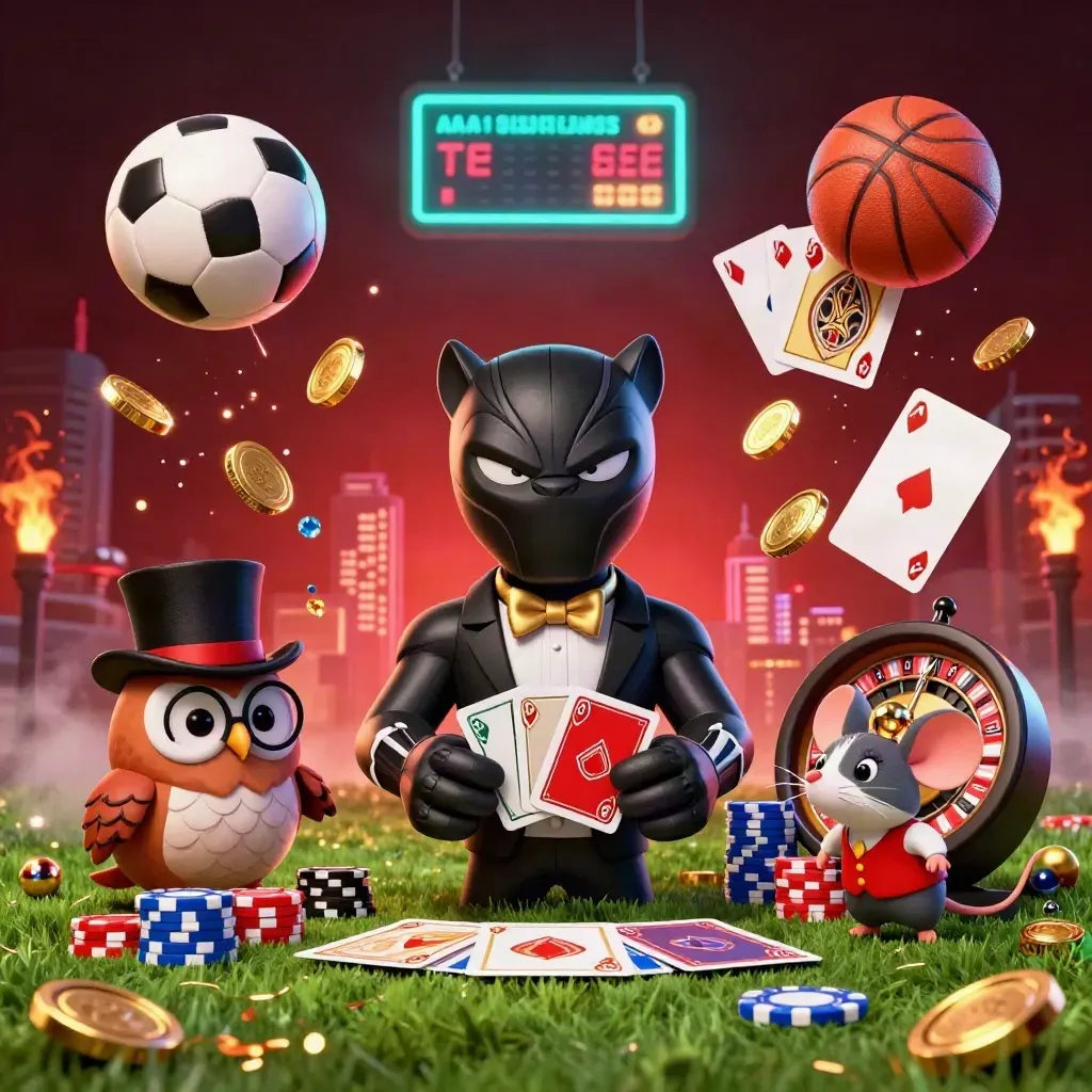 Panther, owl, and mouse amid chips, coins, cards, and a soccer ball in casino glow.