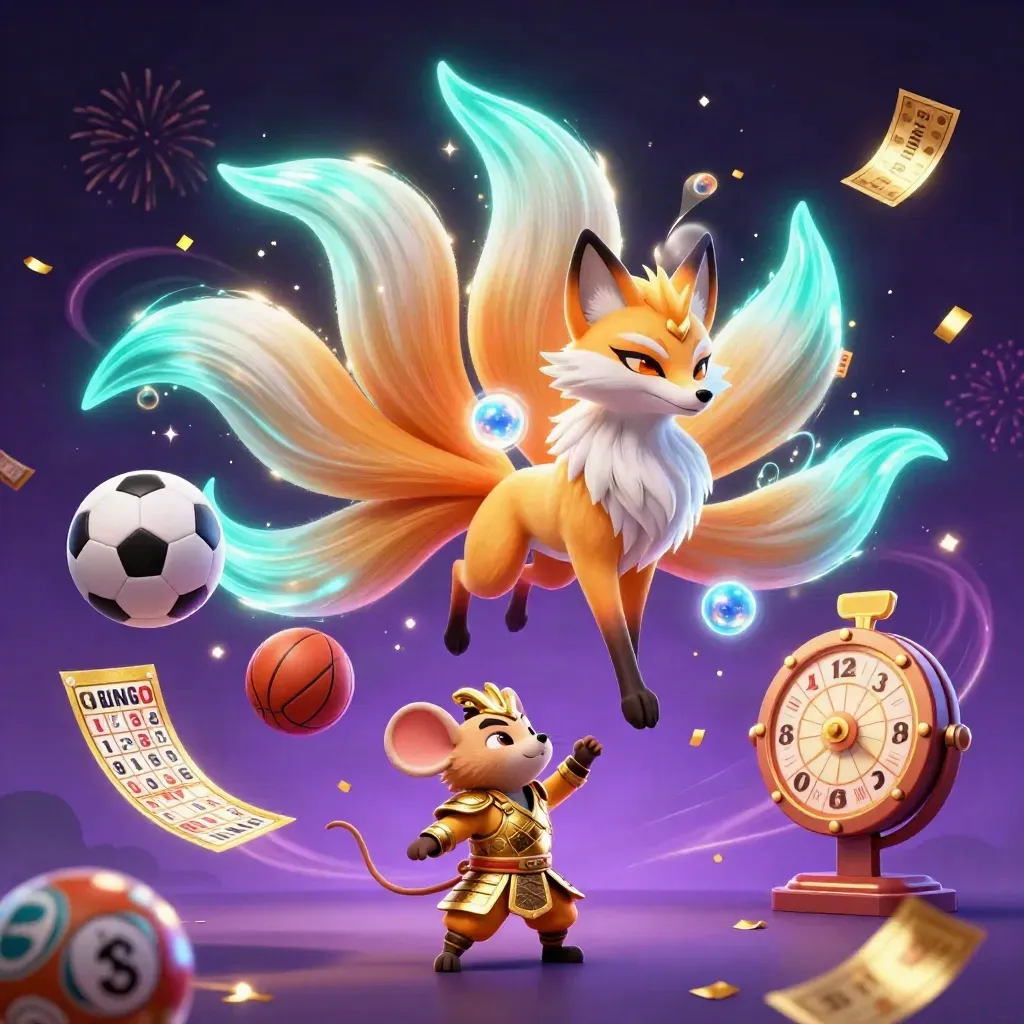 Neon fox spirit and samurai mouse amid casino-style sports magic, balls and tokens flying