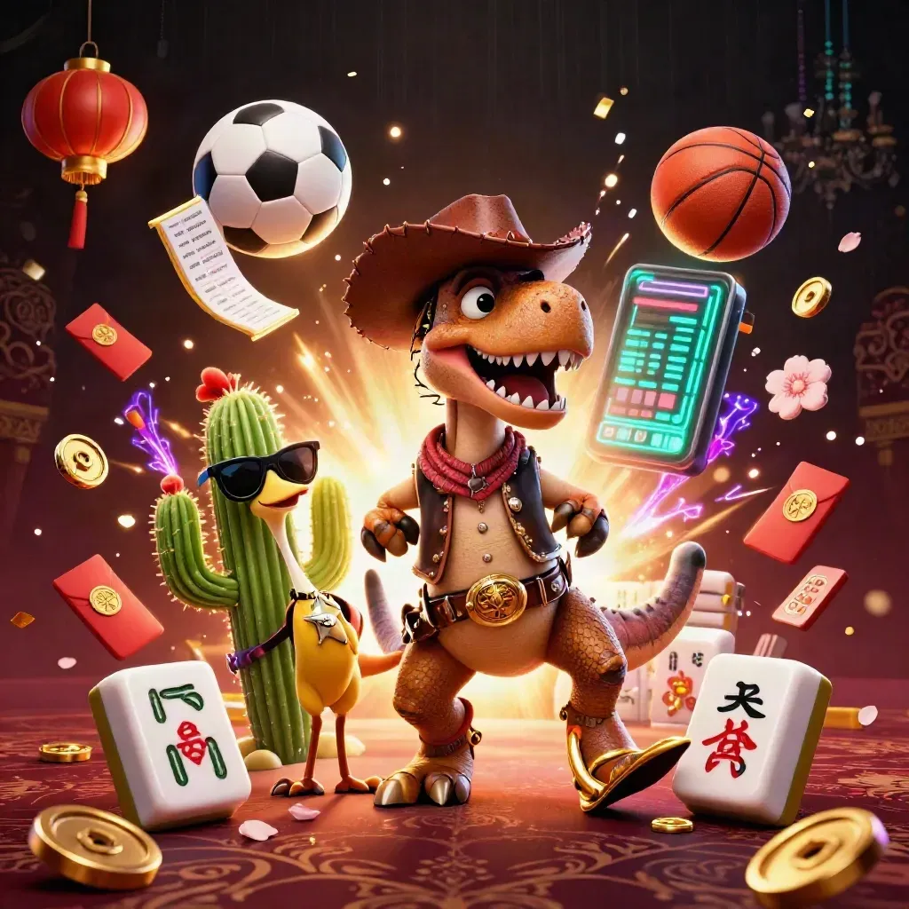 Cowboy T-Rex trio with sports balls and casino effects bursting in a dark luxury scene