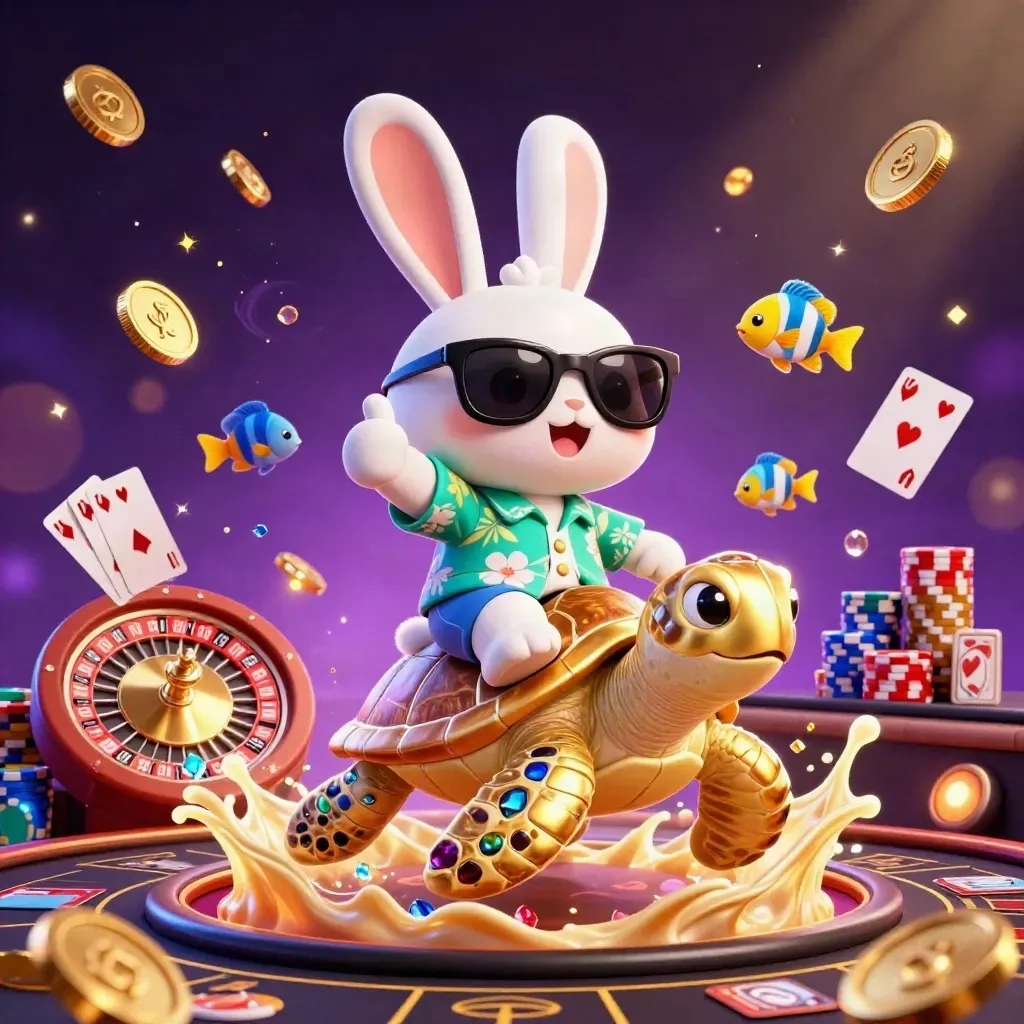 Lucky rabbit rides a golden turtle through a glowing casino sky with coins and gems.