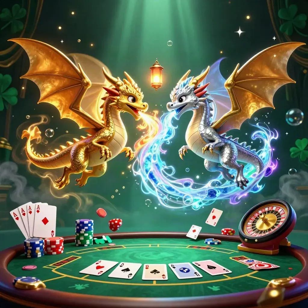 Gold and silver dragons with casino props, neon glow, and a tiny lantern spirit