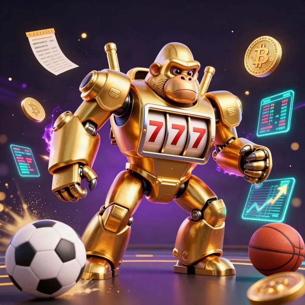 Golden gorilla slot mech with monkey pilot, coins, balls, and neon casino effects in a purple void.