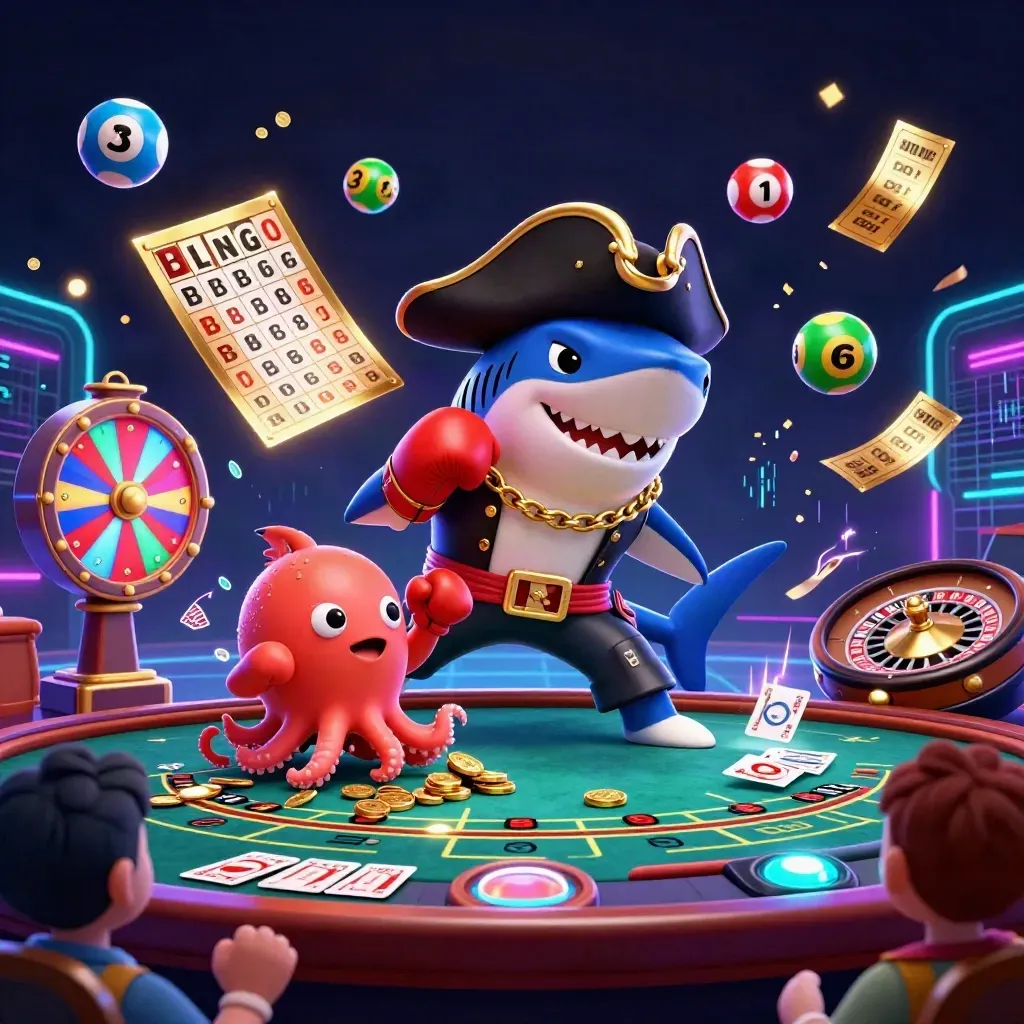 Pirate shark, boxing pufferfish, and coin-juggling octopus in a neon casino blast