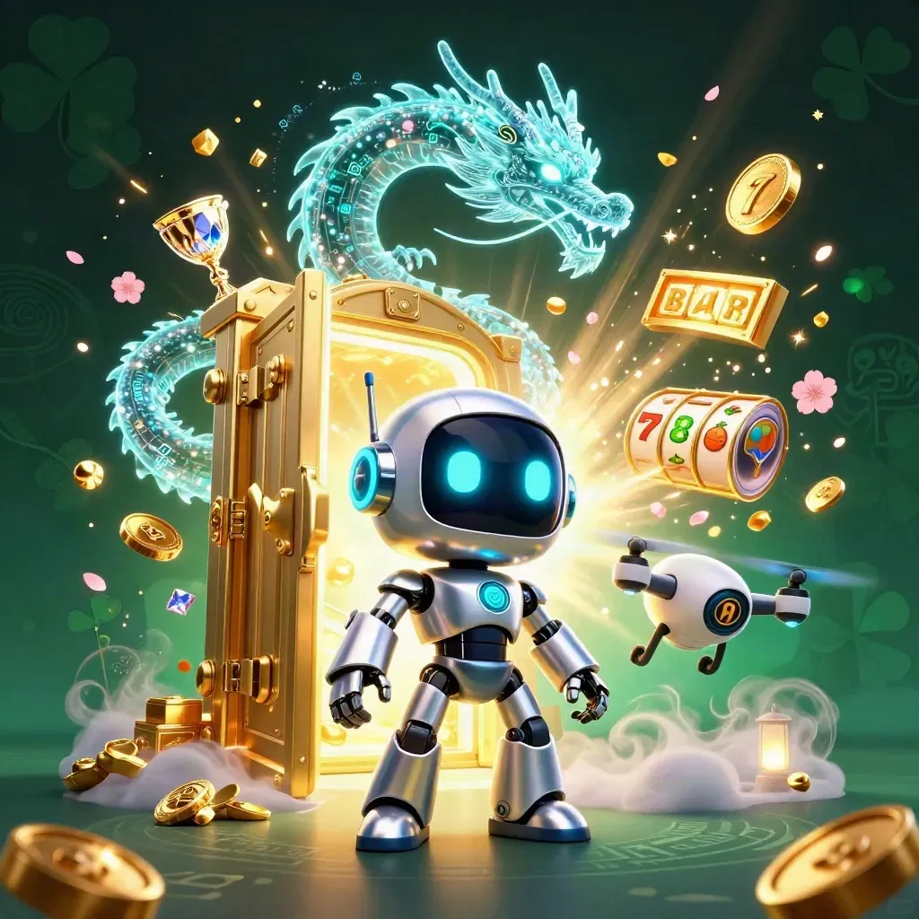 Cyberpunk robot, holographic dragon, and coin drone bursting from a glowing vault amid gold and gems.