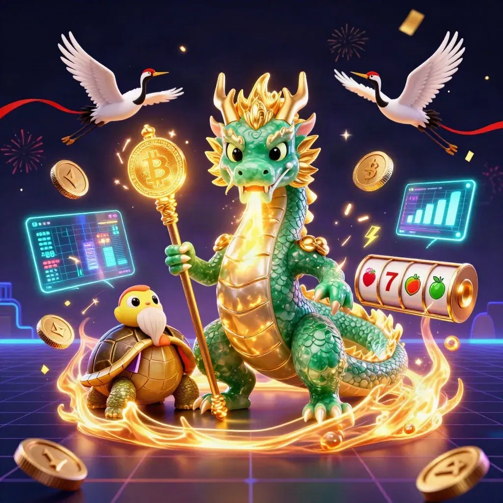 Jade dragon, turtle sage, and cranes amid glowing coins, reels, and casino energy