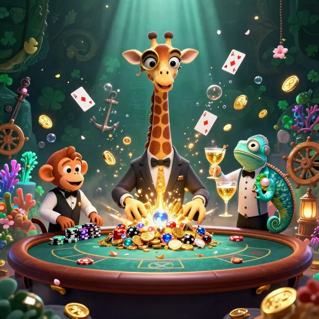 Giraffe high-roller, monkey valet, and chameleon bartender amid gold coins in a dark treasure cove.