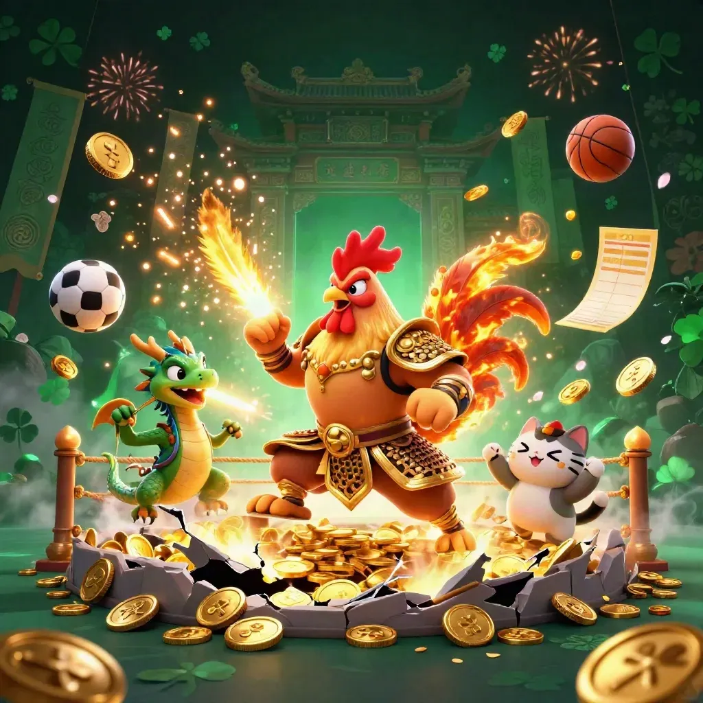 Rooster warrior, dragon hatchling, and fortune-cat amid coins, sparks, temple gate, and casino lights.