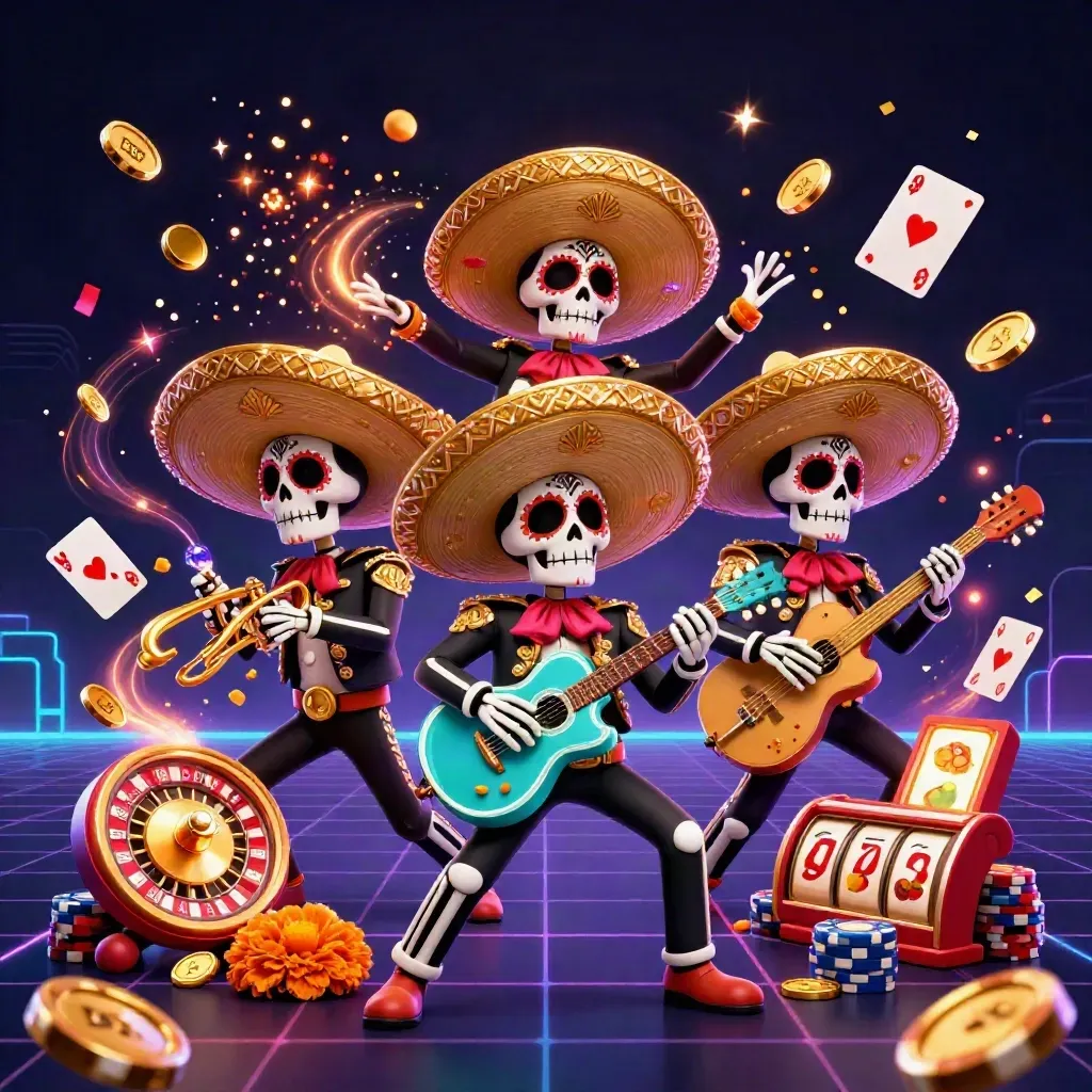 Neon skeleton mariachi trio amid casino effects, coins, roulette, cards, chips, and sparks.