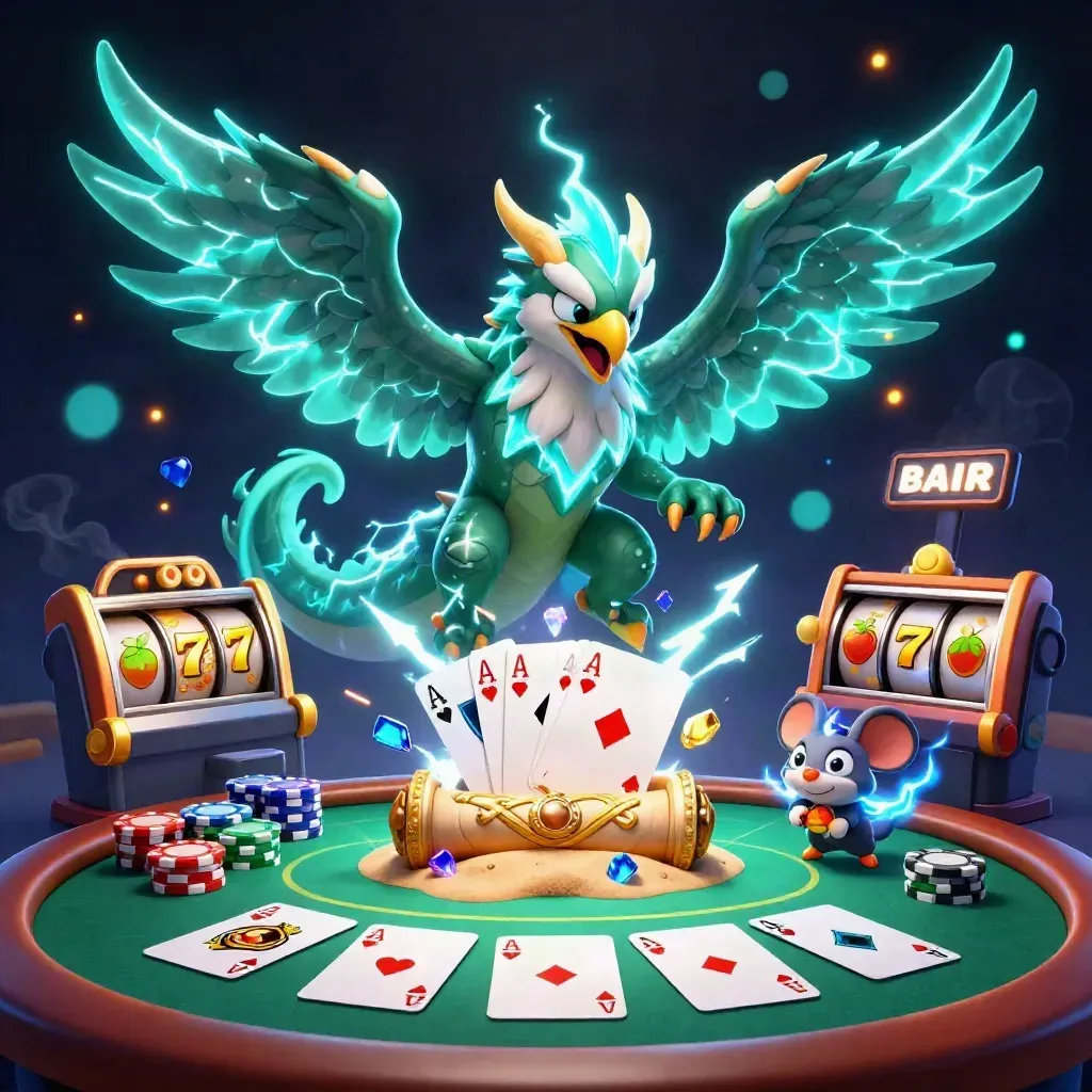 Thunder dragon, wind hawk, and static mouse burst around casino cards, chips, teal lightning.