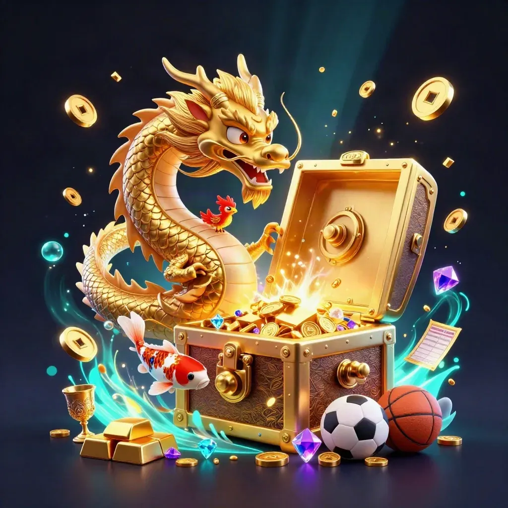 Golden dragon, phoenix, koi, vault burst, coins, gems, fireworks, and sports icons in a casino splash.