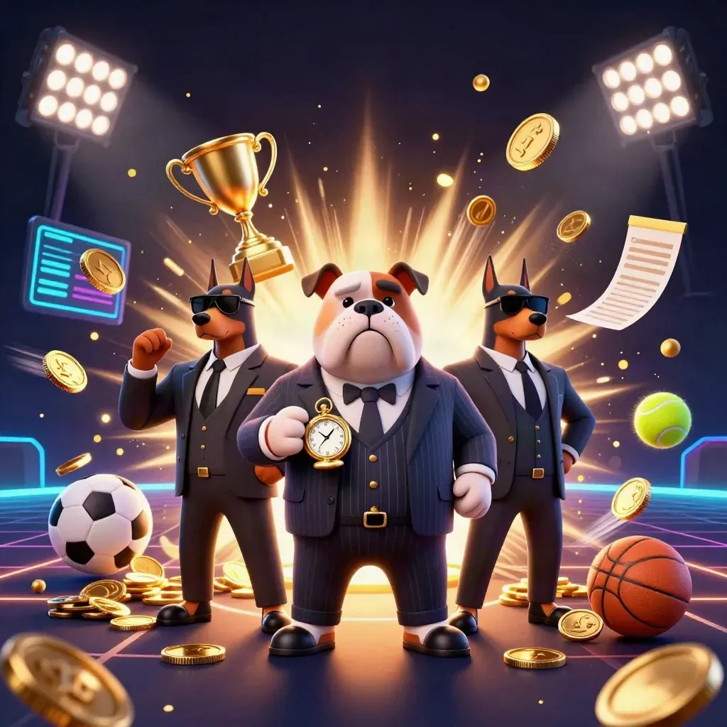 Bulldog boss with two Dobermans amid vault burst, coins, sports balls, trophy, fireworks