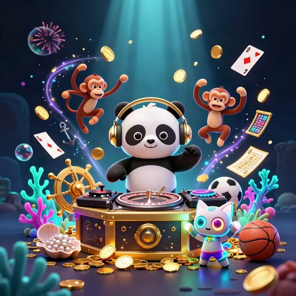 Panda DJ, dancing monkey and glow-stick kitten amid treasure, coins, coral, bubbles and fireworks.