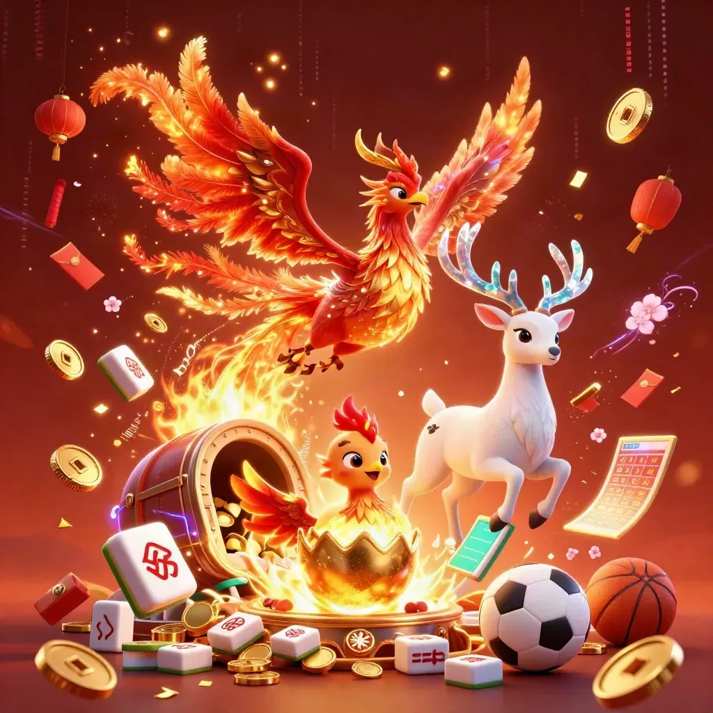 Phoenixes and a crystal stag burst from treasure, coins, fireworks, lanterns and sports props