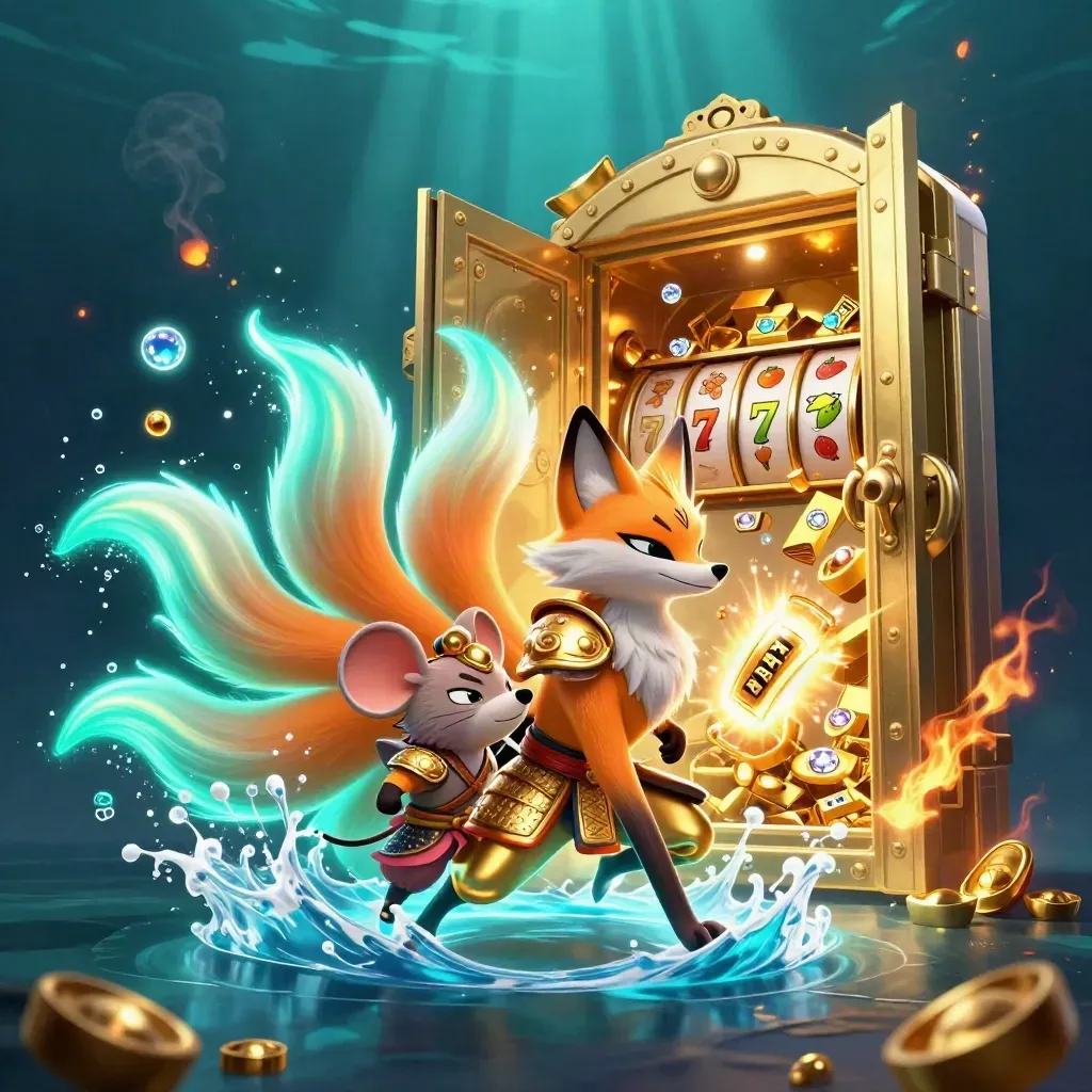 Nine-tailed fox spirit with samurai mouse amid bursting gold vault, reels, gems, and teal glow