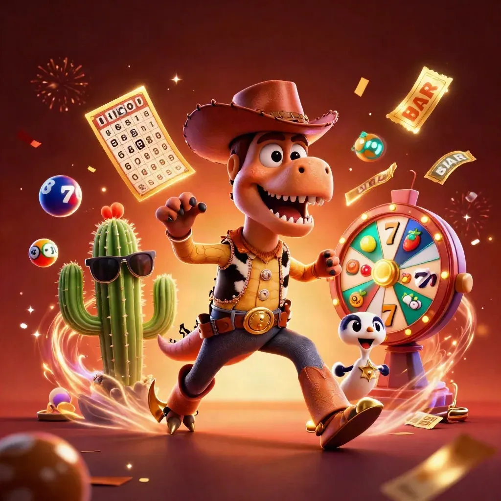 Cowboy T-Rex trio with casino bursts, spinning wheel, lottery balls, and ember-glow background.
