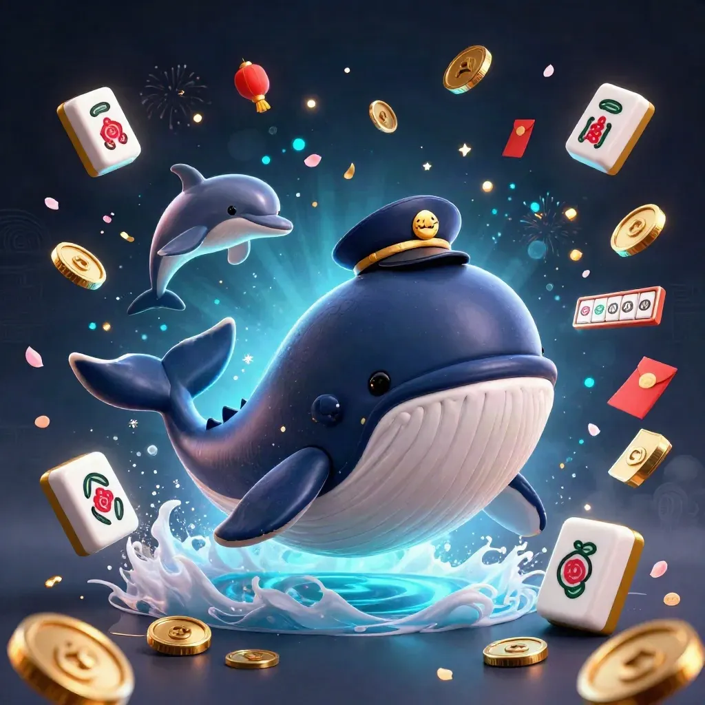 Captain whale with narwhal and dolphins amid coins, lanterns, jade tiles, fireworks, and casino symbols