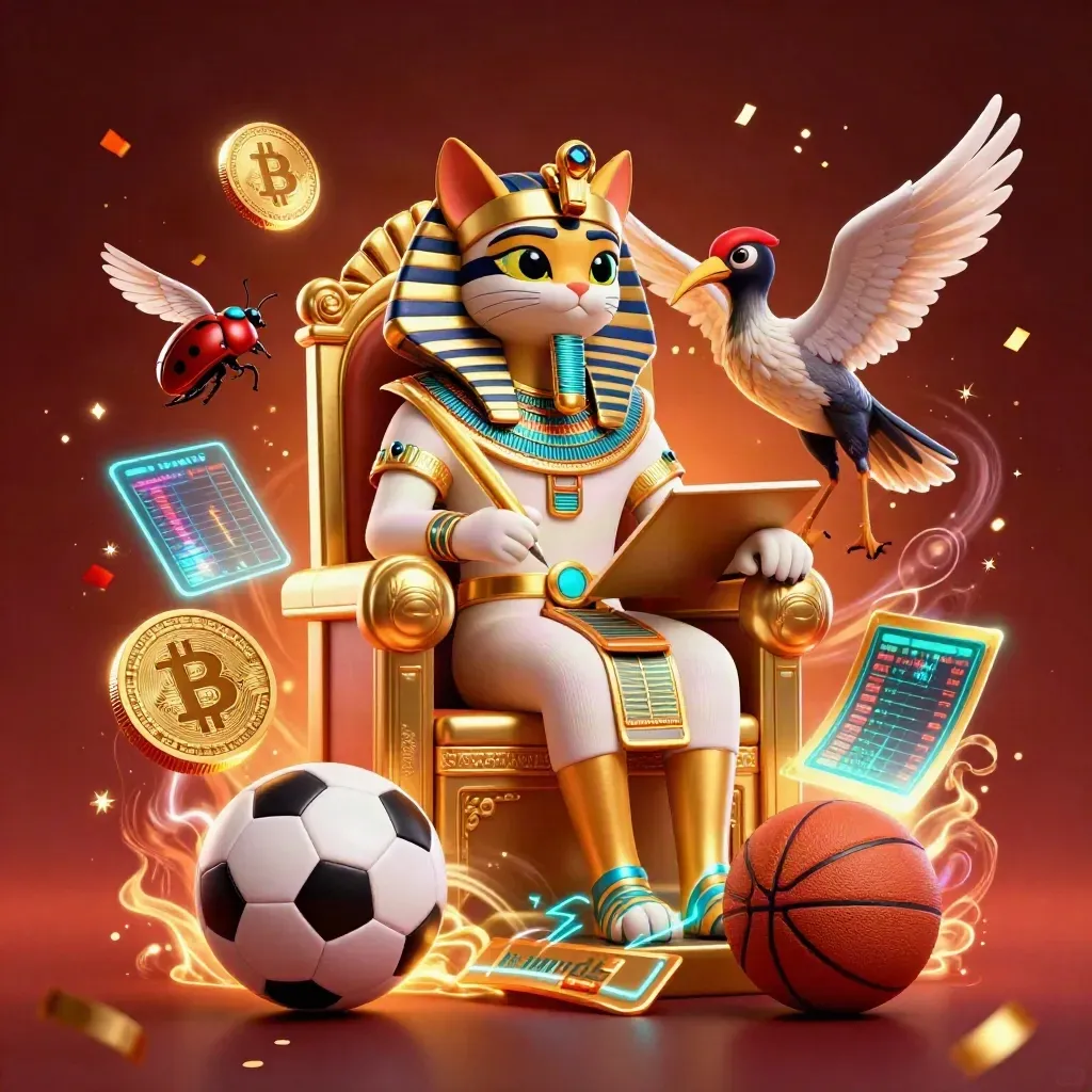 Pharaoh cat, ibis scribe and gem-wing scarabs amid casino coins, sports props and neon energy.