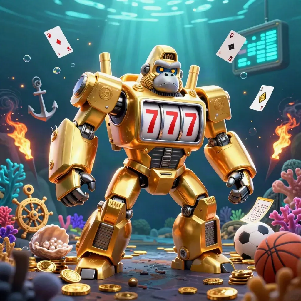 Golden gorilla mech with tiny monkey pilot in an underwater casino treasure cove