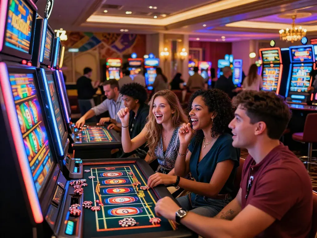 Exciting Casino Gratuit scene with players engaged in slot machines and table games, encapsulating the thrill of gambling.
