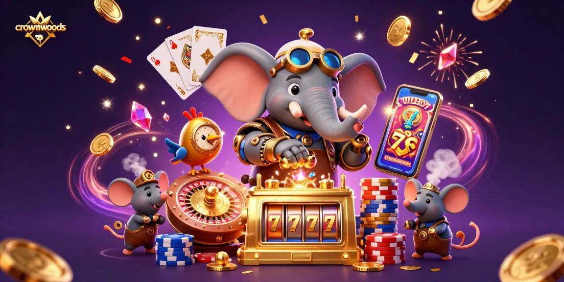 Crownwoods showcases a vibrant steampunk scene with an elephant engineer operating a slot machine amid flying coins and vibrant gaming elements.