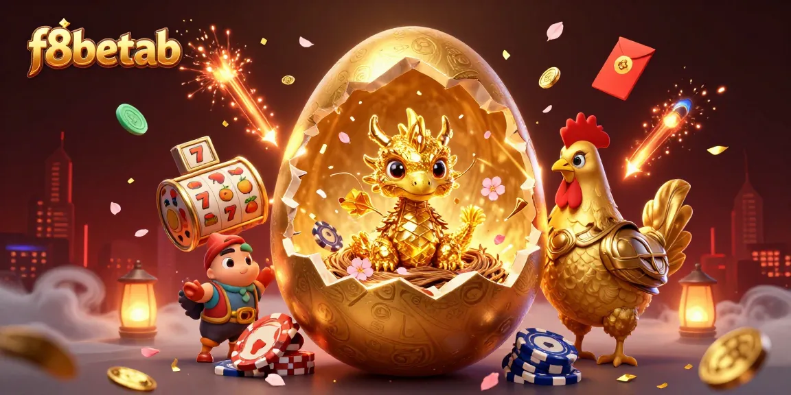 Experience the excitement with f8betab as a golden dragon emerges from a slot-themed golden egg.