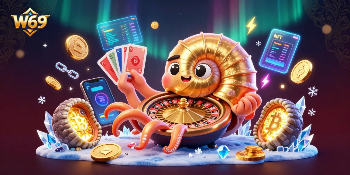 W69 enhances gaming with a giant nautilus roulette wheel surrounded by crypto elements.