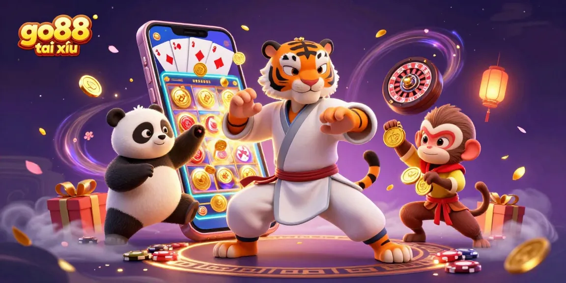 Engage in go88 tài xỉu with a thrilling scene featuring vibrant casino elements and playful characters.
